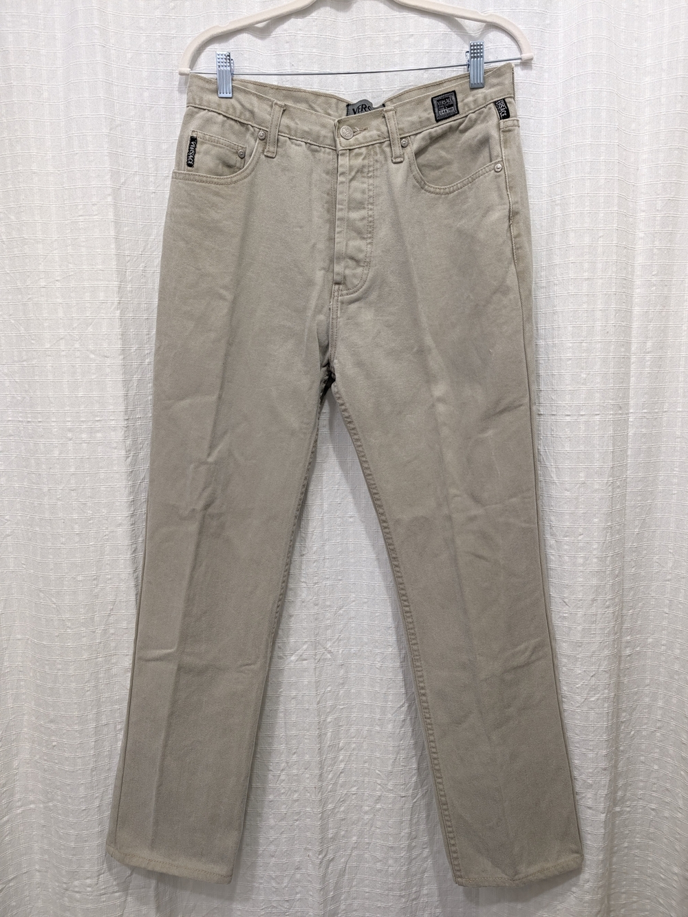 Vtg Versace Jeans Couture Tan Cream Denim Trousers Medusa Button 1990s Italy